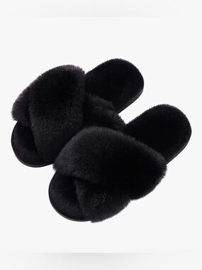 Evshine Women's Fuzzy Slippers Cross Band Memory Foam House Slippers Open Toe